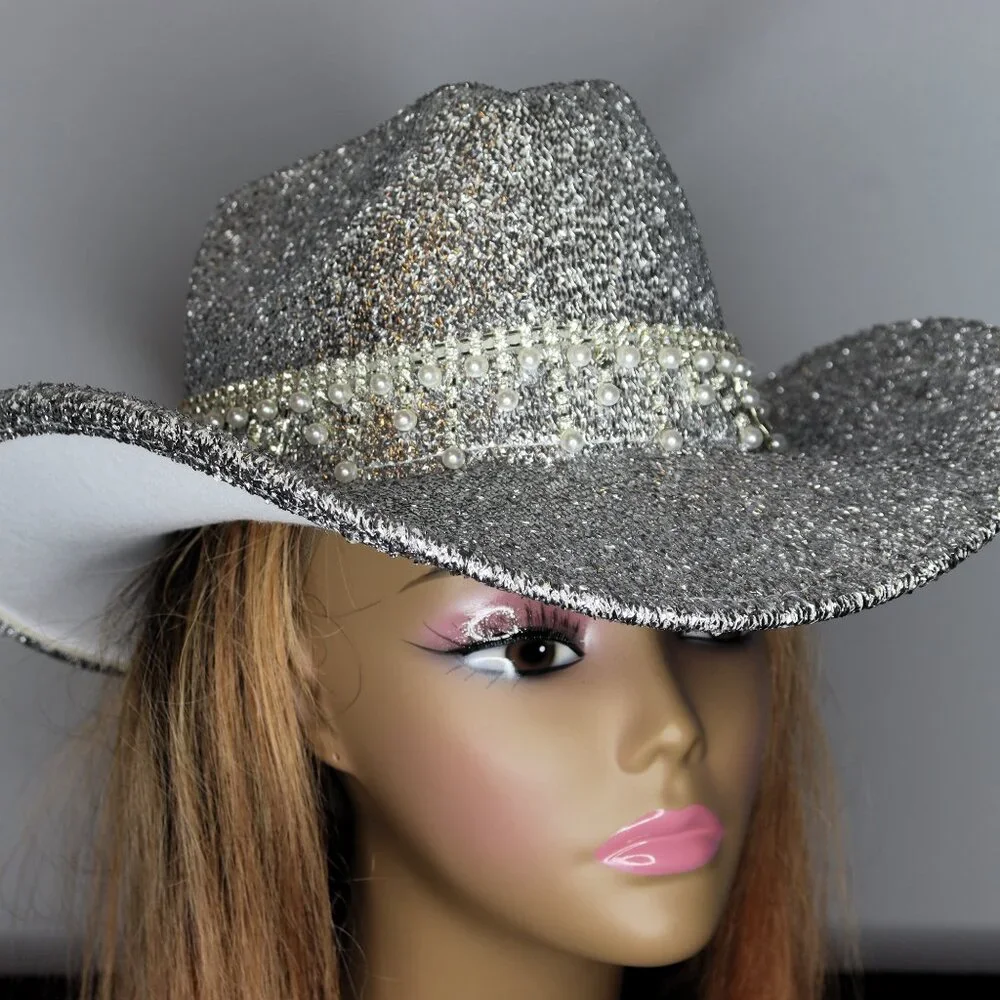 Women's Silver Glitter Cowboy Hat with Pearl Band - Picture 2 of 2